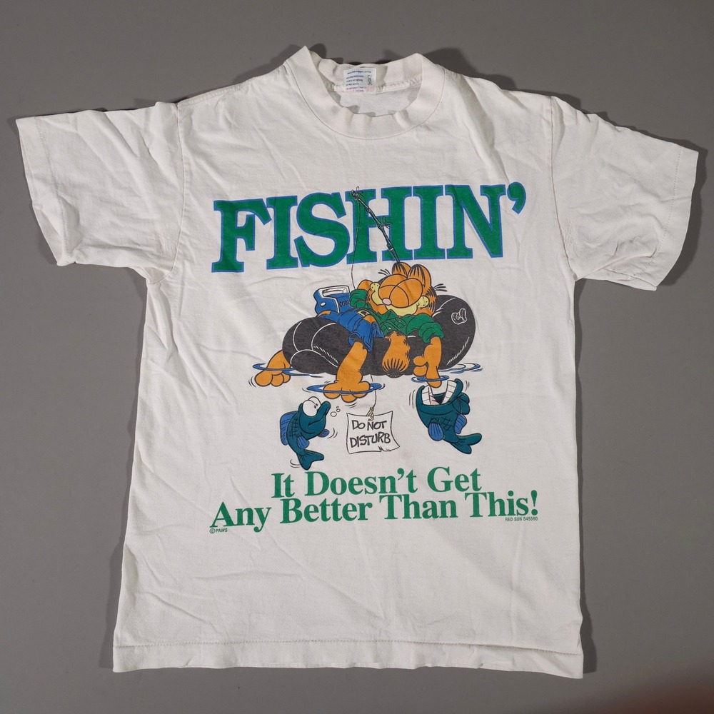 Garfield T-Shirt Mens Medium White Fishin Graphic Tee Vintage Sof Tee USA Made